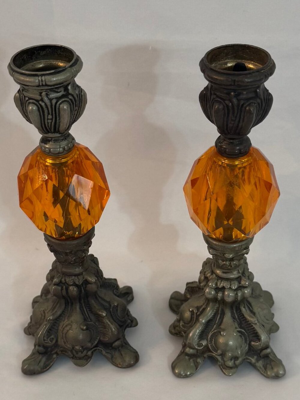 Pair Vintage 1950's Hollywood Regency Candlesticks Faceted Lucite Center #4087